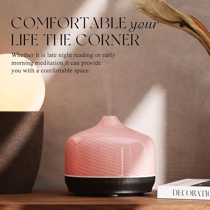 Porseme 500ml Glass Essential Oil Diffuser Aromatherapy Ultrasonic Cool Mist Humidifier 15-21 Running Hours Waterless Auto-Off Air Diffusers for Sleeping Yoga Office Working Spa and Rest (Pure Pink)