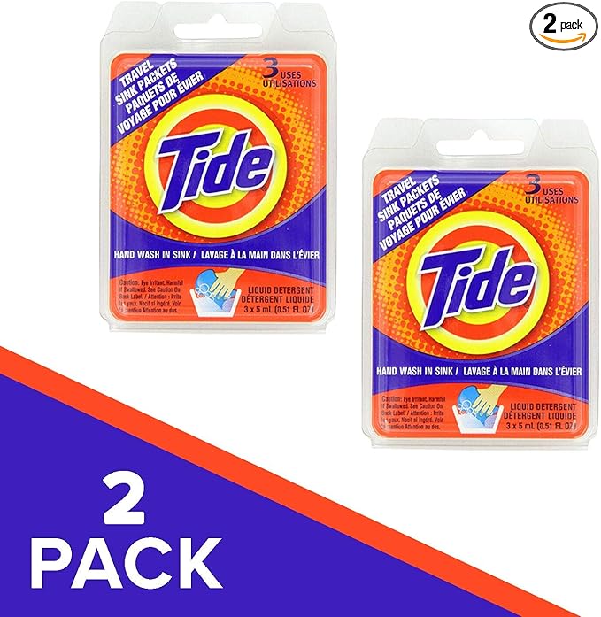 Tide Travel Sink Packets 3ct Laundry Detergent for Hiking, RV, Camping, Backpacking, Outdoors, International (Pack of 2)