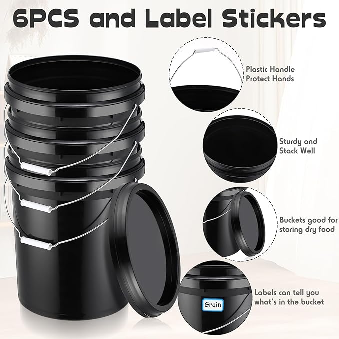 Vesici 6 Pack 5 Gallon Bucket Black Pail Storage Food Container Buckets with Lid Handle Heavy Duty Black Plastic Bucket with DIY Label Sticker for Home Improvement Household Cleaning Flour Rice