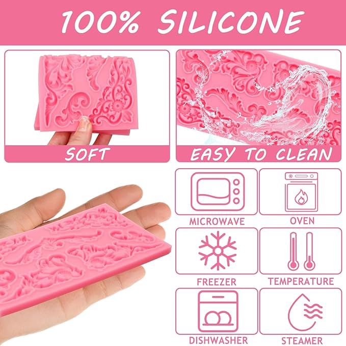 Vintage Curlicues Silicone Molds, Baroque Style Corner Relief Chocolate Molds, Filigree Scroll Flower Sculpted Cake Border Fondant Baking Molds for Cake Decoration Candy Clay Resin