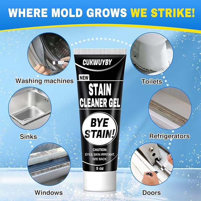 10 Oz Black Stain Cleaner Gel Home Cleaner for Washing Machine Seal Shower Bathroom Grout Sinks Caulk Cleaner Stain Heavy Duty Gel with Brush (2 Pack 5 Oz)