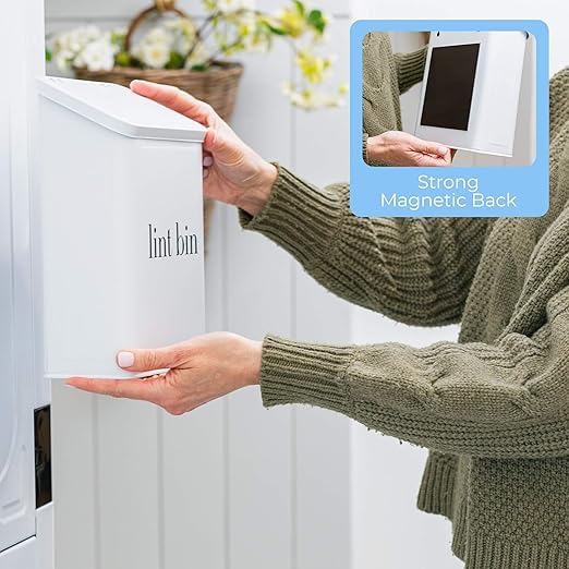 Magnetic Lint Bin for Laundry Room Organization and Storage, Includes Magnetic Hook & Lint Brush, Wall-Mounted Laundry Dryer Bin for Laundry Room Decor, Space-Saving Trash Can (Matte White)