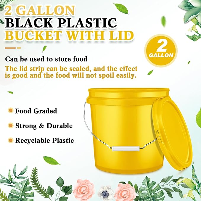 6 Pack 2 Gallon Plastic Bucket with Lid Heavy Duty Pail with Metal Handle Reusable Small Multipurpose Paint Buckets Container for Food Storage(Yellow)