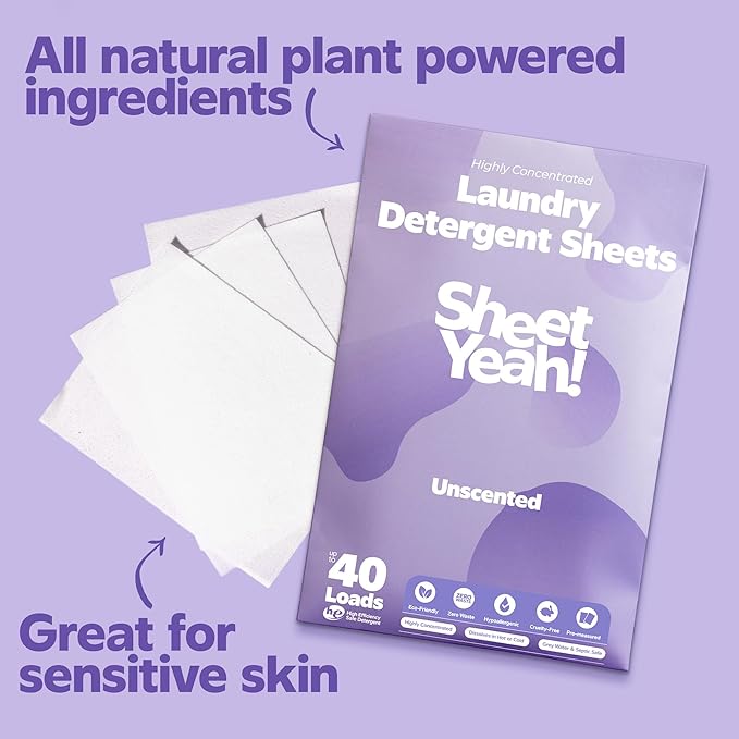 Laundry Detergent Sheets - 40 Loads - No Plastic Jug Concentrated Laundry Detergent, Hypoallergenic, Gentle on Skin - 20 Sheets
