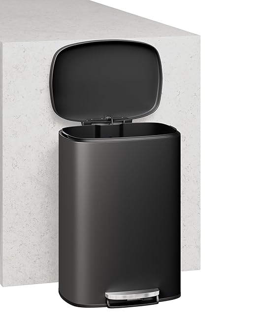 Garvee 13 Gal (50L) and 2.6 Gal (10L) Metal Trash Can Combo Set, Rustproof Garbage Can with Lid, Step-on Trash Bin with Inner Bucket, Rear Handle, Black