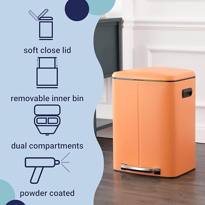 happimess HPM1005K Marco Rectangular 10.6-Gallon Double Bucket Trash Can with Soft-Close Lid, Carrot Cake, Fingerprint Resistant, Modern, Minimalistic for Home, Kitchen, Office, Bedroom, Bathroom