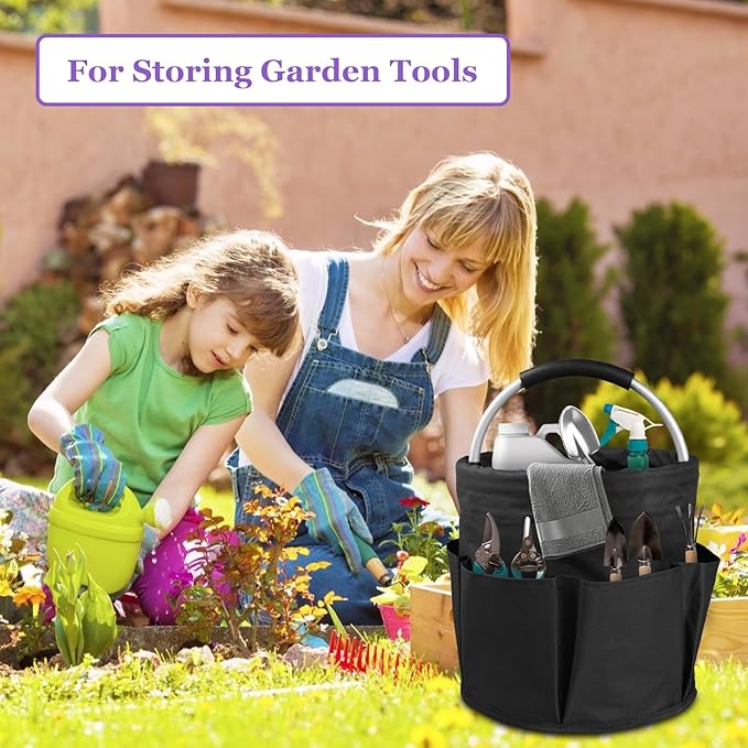 17L Bucket Tool Organizer with 6 Side Pockets, 2Pcs Collapsible Cleaning Caddy with Handle, Folding Gardening Tool Bag, Multifunctional Storage Basket for Garden, Bathroom, Black + Navy Blue