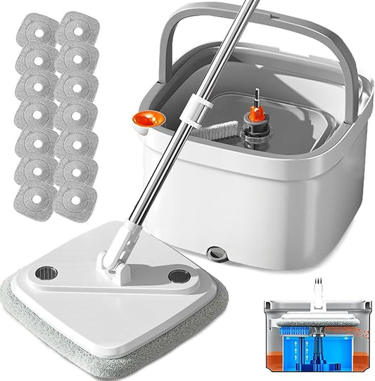 KZKR Spin Mop and Bucket Set with Self Separation Dirty and Clean Water System, Self Wringing 360° Rotating Square Mop Head for Home Floors Cleaning (1.0 Mop and Bucket Set (14 Pads))