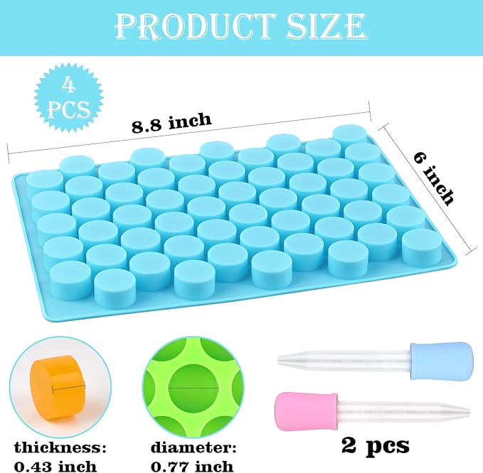 Sakolla Round Candy Molds Silicone, 220 Cavities Mini Cylinder Molds for Chocolate, Hard Candy, Gummy, Ganache, Ice Cubes, Set of 4 with 2 Droppers