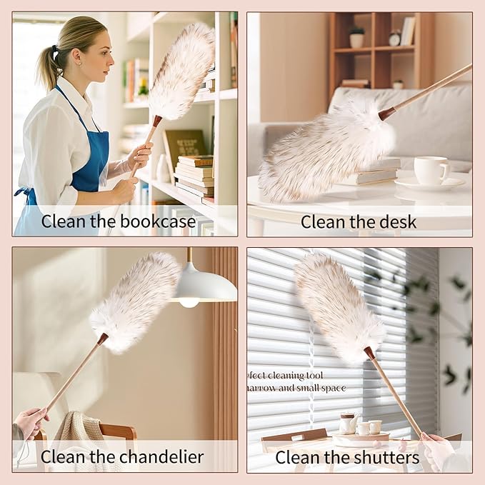 THARAHT Lamb Wool Duster Fluffy Long Handle Reusable for Cleaning Ceiling Fan,Pendant lamp, High Ceiling, Blinds, Furniture Feather Duster
