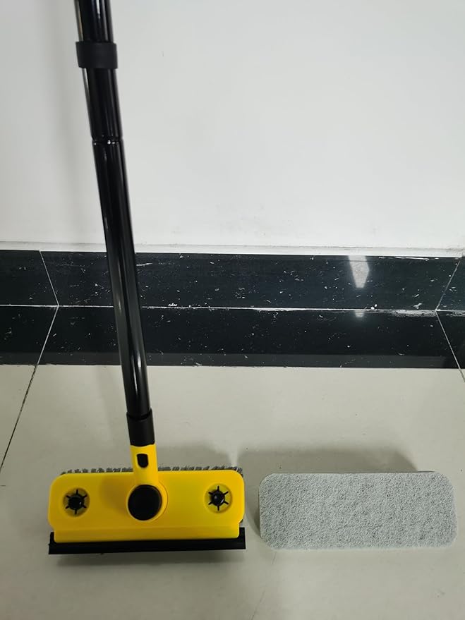 JEHONN Shower Cleaning Brush, 53.5 inches Long Handle Scrubbing Brush, 3-in-1 Bathroom Tub Tile Scrubber Mop with Squeegee for Bathtub Sink Tile Floor Wall Glass Deck (Yellow)