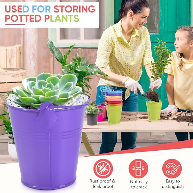 OBTANIM 7 Pack Colorful Metal Buckets with Handle Galvanized Ice Pails for Plants, Succulents, Party Favors Organizing, Rustic Home Decor or Classrooms Pencil Storage (4 x 2.8 inch)
