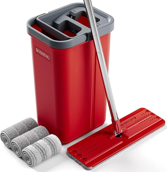 Mop and Bucket with Wringer Set, Flat Mop and Bucket, Squeeze Floor Mop with 3 Washable Microfiber Mops, Wet and Dry Use, Household Cleaning Tools, for Hardwood Floor, Laminate, Tile