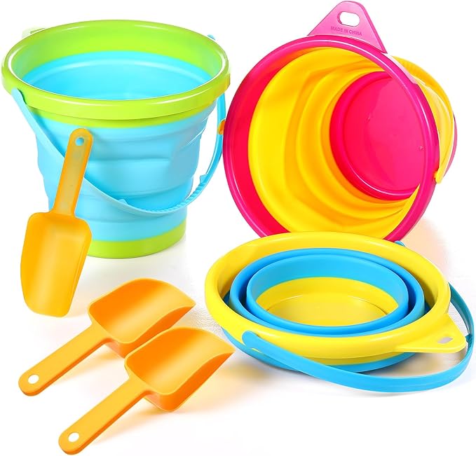 Realspring 3 Sets Collapsible Sand Buckets with Shovels Foldable Pail Buckets for Kids 2.5 l Colorful Collapsible Beach Toys Bulk for Summer Beach Party Outdoor Activity