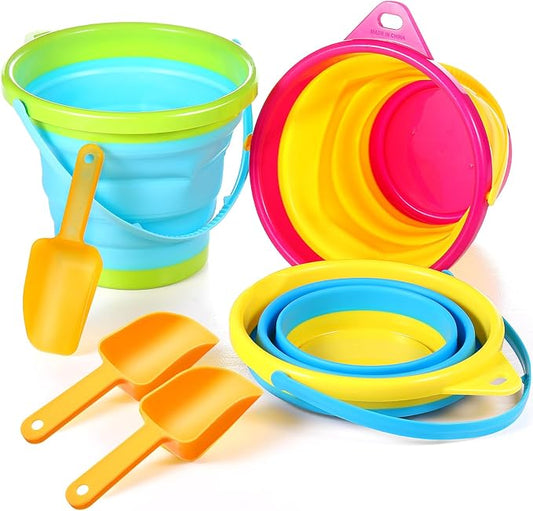 Realspring 3 Sets Collapsible Sand Buckets with Shovels Foldable Pail Buckets for Kids 2.5 l Colorful Collapsible Beach Toys Bulk for Summer Beach Party Outdoor Activity