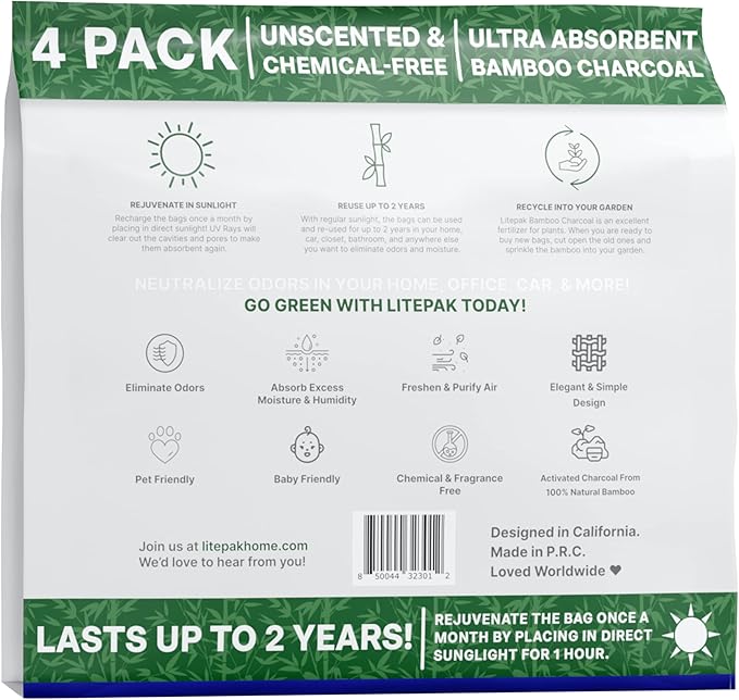 Litepak Shoe Deodorizer and Odor Eliminator Activated Charcoal Odor Absorber for Shoes and Gym Bags, Natural Bamboo Air Freshener for Boots, Closet Or Car (4 Pack)