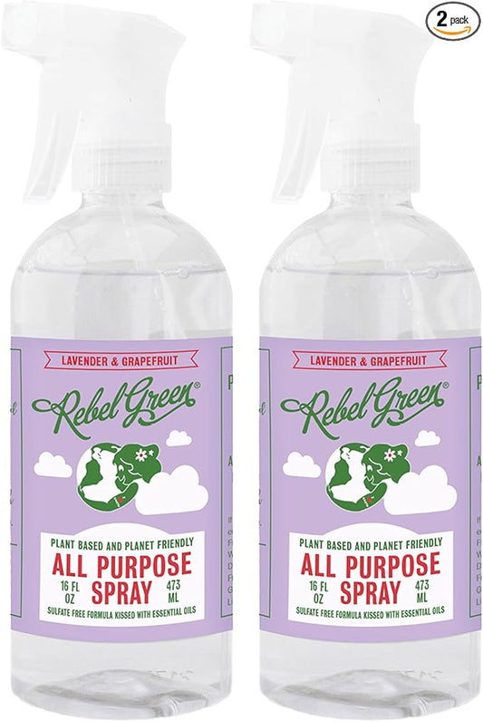 Rebel Green Natural All-Purpose Cleaning Spray - Plant-Based Multi-Surface Cleaner with Essential Oils for Kitchen, Bath, Countertops and More - Lavender & Grapefruit Scent - 16 oz - 2 Pack