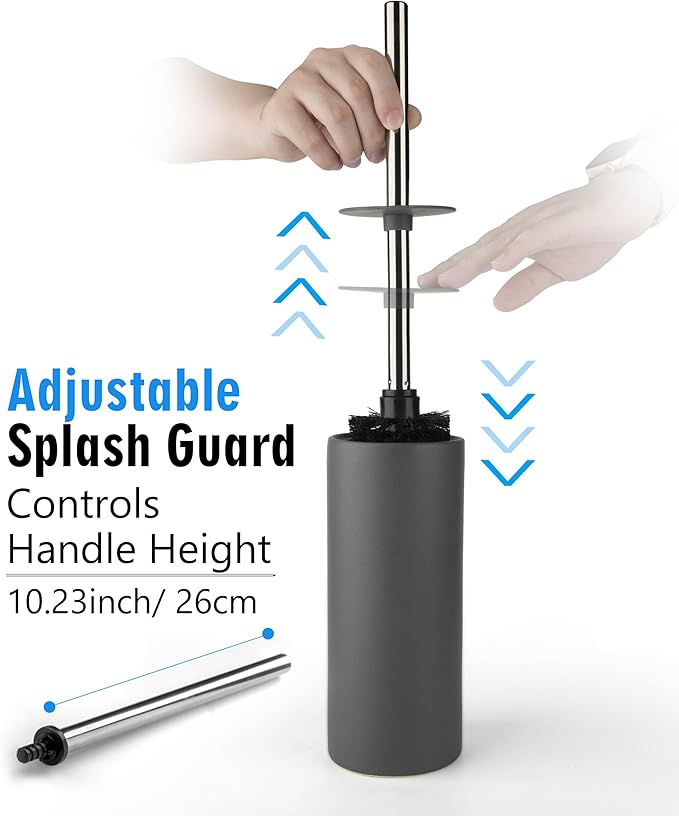 Matt Gray Ceramic Toilet Brush and Holder Set, Freestanding Toilet Bowl Cleaners Brush, Scrubber Brush for Toilet, Bathroom Accessories with Stainless Handle, Deep Cleaning