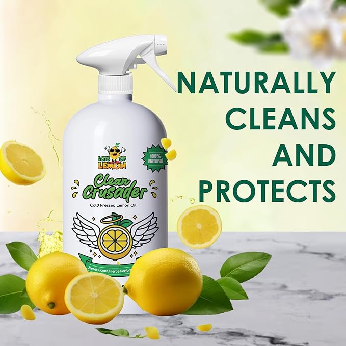 Clean Crusader 24 oz Natural Cold Pressed Lemon Oil Multipurpose Cleaner Spray for Kitchen, Bathroom, Hardwood Floors at home and office | 3 simple ingredients | Made in USA