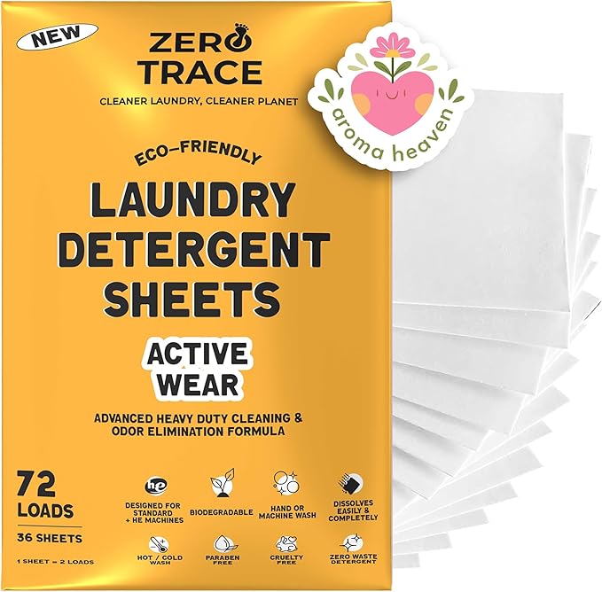 Zero Trace All Natural Laundry Detergent Sheets Eco Friendly - Laundry Soap - Active Wear Travel Laundry Detergent (72 Loads 36 Sheets)