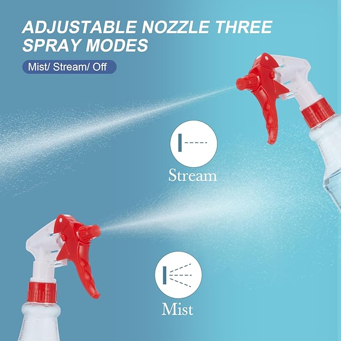 Eccliy 20 Pack 16oz Empty Spray Bottles, Leakproof Cleaning Bottles with Measurement and Adjustable Nozzle for Housekeeping, Commercial Use(Clear Cylinder,Red White Spray Head)