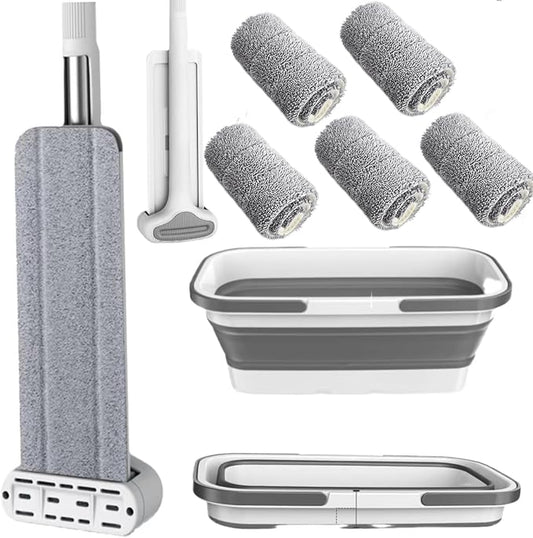 Mop and Bucket Set with Wringer, Flat Mops for Floor Cleaning, Wall Mop Cleaner with Long Handle, Hardwood Floor Mop with 6 Microfiber Pads (1 Mop + 6 Microfiber Pads + 1 Bucket)
