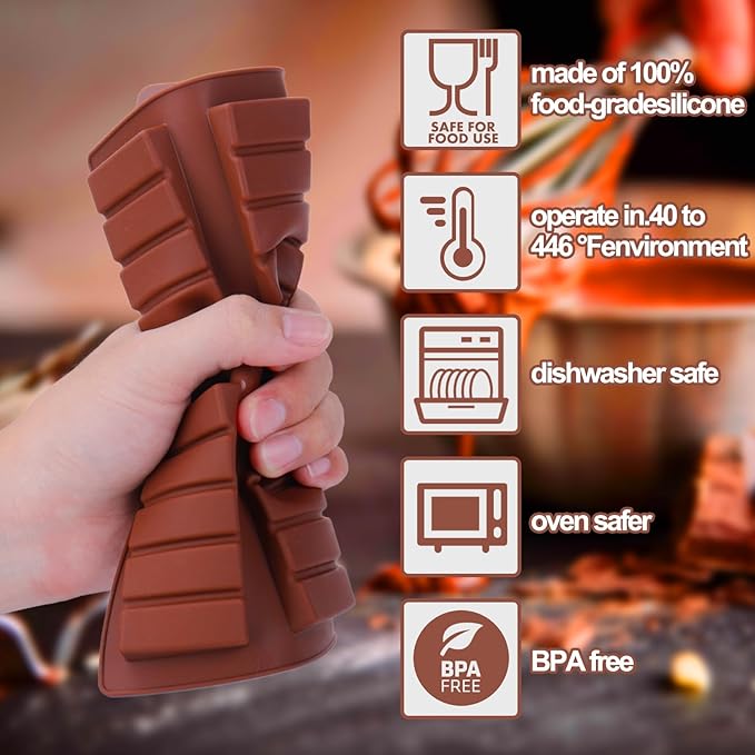 Mity rain 4pcs Chocolate Bar Mold Deep, Silicone Thick Chocolate Bar Mold for Stuffed Bar, Knafeh Pistachio Chocolate Bar Break Apart Candy Bar Molds with 100pcs Storage Bags + 1pc Scraper, Brown