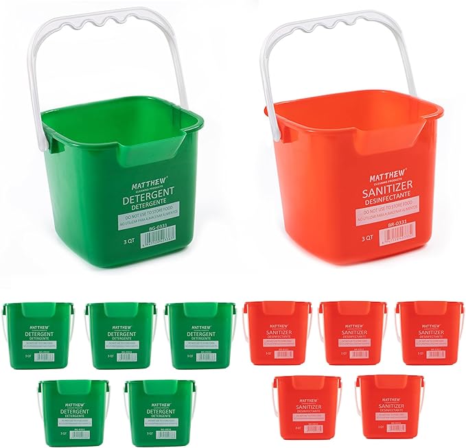 Matthew Detergent&Sanitizing Cleaning Bucket 3 Quart Plastic Pail,Set of 12 Square Containers,Built-In Spout w/Handle,Wash Rinse Sanitize Handwash Bucket for Home Commercial Restaurant (6 Red&6 Green)