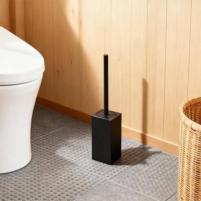Toilet Brush and Holder Set, NEWRAIN Stainless Steel Toilet Brush with Long Brush Handle, Matte Black Toilet Scrubber and Covered Holder, Square Design Sturdy and Space Saving