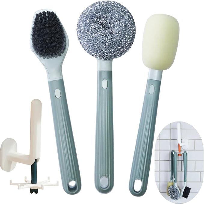 Dish Brush Set of 4 with Holder.Interchangeable Heads Kitchen Scrub Brush,Dishwashing Brush Set with Extended Handle,for Cleaning Pots,Pans,Bottles,Cups,Sinks,scrubbers for Dishes.Green