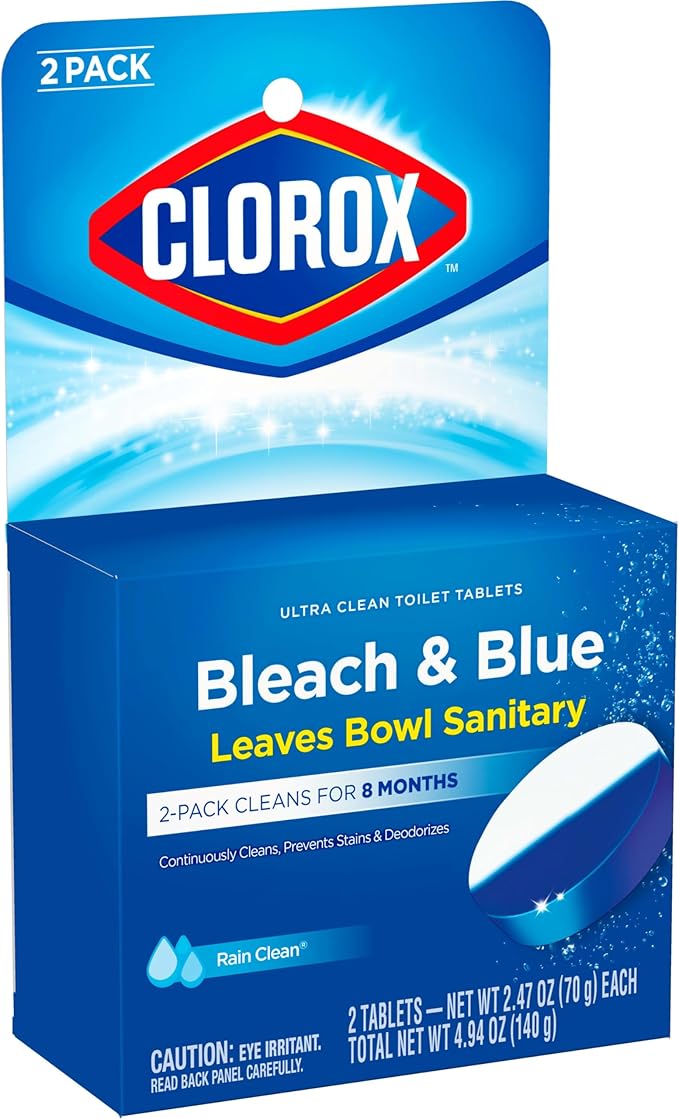 CLOROX Ultra Clean Toilet Tablets Bleach & Blue, Rain Clean Scent 2.47 Ounces Each, 2 Count (Package May Vary)