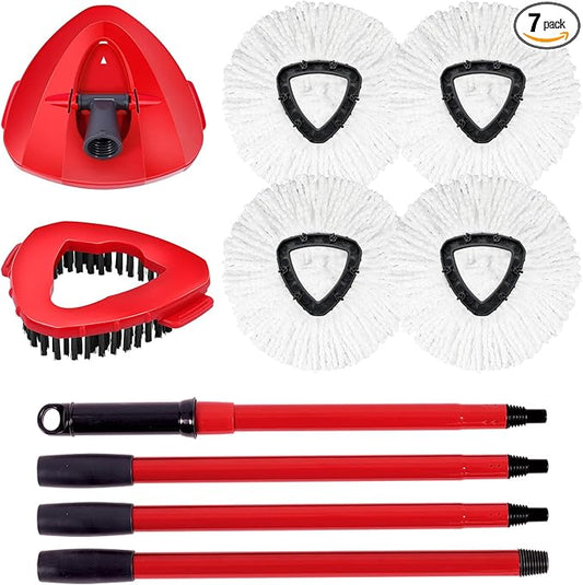 4 Packs Spin Mop Replacement Heads Compatible with Oceda EasyWring 1-Tank System,4-Section Rotatable Mop Handle 30-58in ,Mop Scrub Brush and Base Combo Set,Mop Refills Easy to Replace and Cleaning