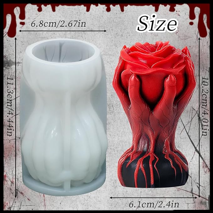 Hand Holding Rose Candle Mold, 3D Flower Silicone Mold for Candles Pillar Wax Plaster Epoxy Resin Craft Casting Gothic Home Décor Halloween Anniversary Birthday Handmade Gift