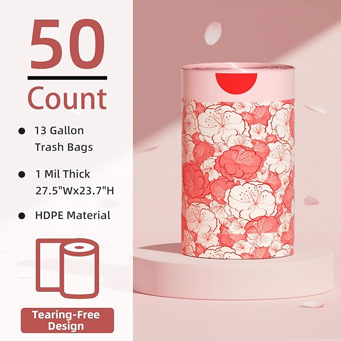 13 Gallon Trash Bags Drawstring, 50 Count Tall Kitchen Trash Bags, Sturdy Large Trash Bags, Plum Blossom Printed Garbage Bags 13 Gallon Tall Kitchen, Tear Resistant Kitchen Garbage Bags for Kitchen