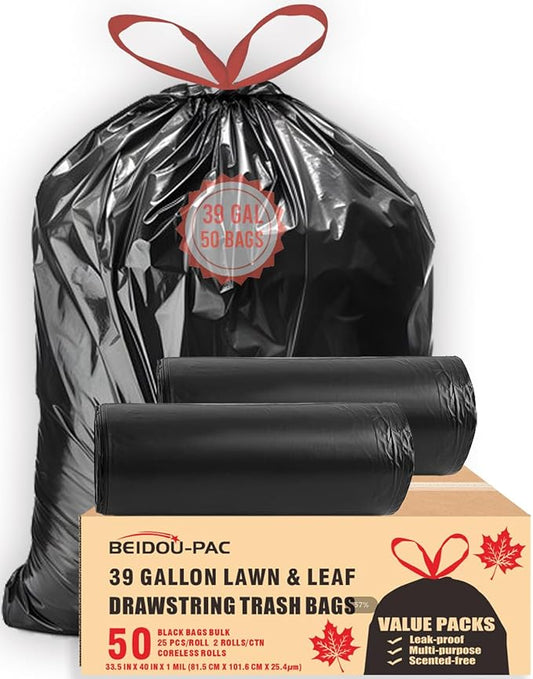 39 Gallon Lawn & Leaf Trash Bags Drawstring, 50 Count, Heavy Duty Black & Unscented Plastic Bags, Multi-purpose Garbage Bags for Home Commercial, Outdoor, Construction, Industrial