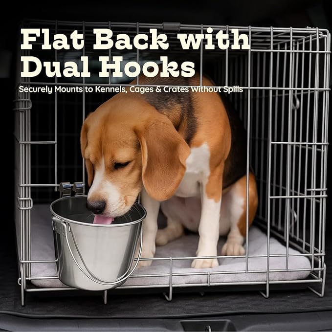 4 Quart Stainless Steel Flat Sided Bucket with Dual Hooks | Durable Food & Water Bowl for Dogs, Cats, Goat & Livestock | Fits kennel Cage Critter Crate Hanging Pet Pail | Multipurpose use