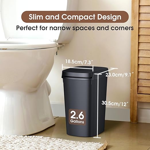 CEROELDA Slim Bathroom Trash Can, 10L/2.6 Gal Plastic Wastebasket with Press Top Lid, Pop-up Lid for Toilet, Office, Bedroom (Black, 1 Pack)