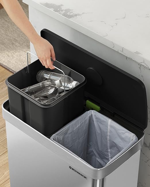 SONGMICS Kitchen Trash Can, 16 Gallon (2 x 8 Gallon) Dual Compartment Garbage Can, 60L Pedal Recycling Bin, Stays Open and Soft Close, Stainless Steel, 15 Bags Included, Metallic Silver ULTB202E01