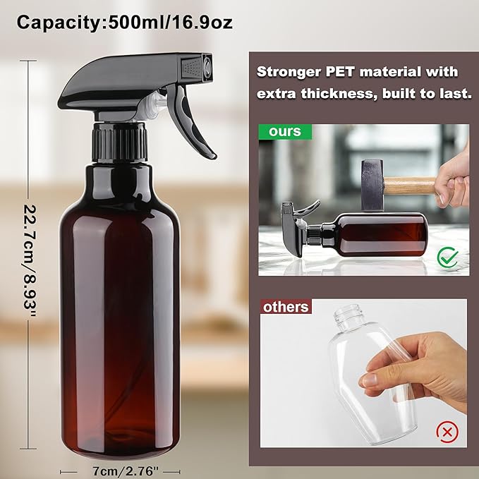 Spray Bottles Plastic Spray Bottle for Hair Mist/Stream Heavy Duty Empty Spray Bottles for Cleaning Solutions, Plants, Cooking (16.9oz-Brown+nozzle)