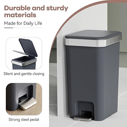 Small Bathroom Trash Can with Lid Soft Close, 10 Liter/2.6 Gallon Slim Garbage Can-Metal Step and Press top Lid, Mini Modern Waste Basket for Toilet, Office, Bedroom,Dorm,Dark Gray