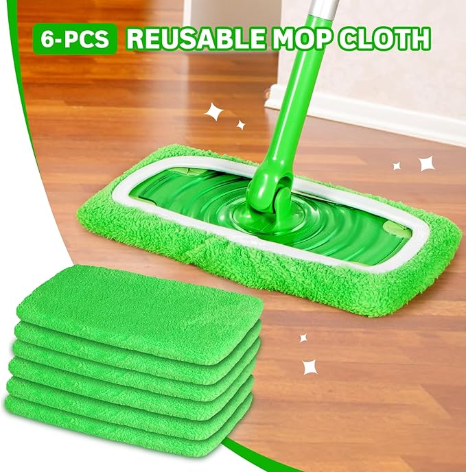 6 Pack Reusable Microfiber Mop Pads Compatible with Swiffer Sweeper Mop, Dry Sweeping Cloths & Wet Mopping Cloths, Washable Wet Pads Refill for Hardwood Surface Floor Cleaning
