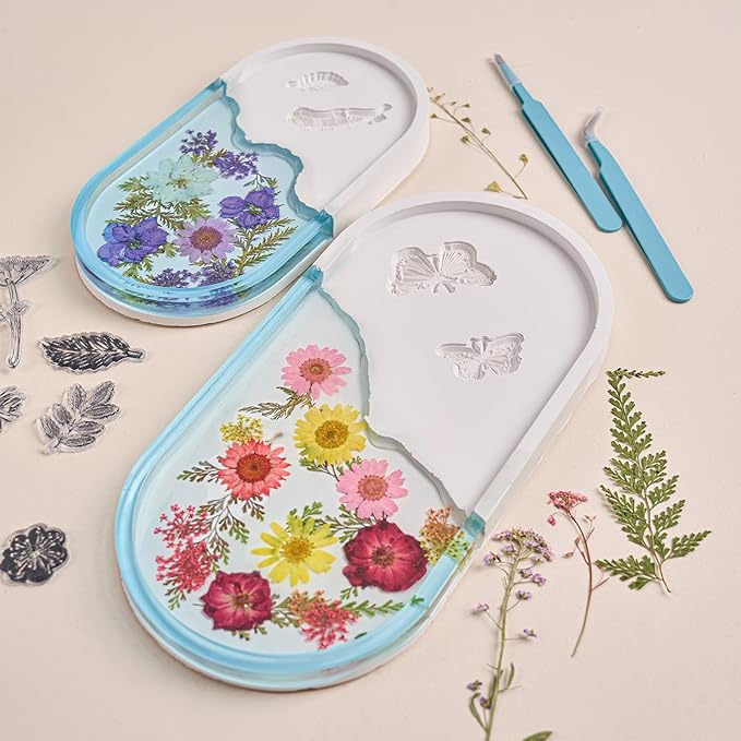 Silicone Tray Molds for Epoxy Resin Mold Tray with Sides 2 PCS Butterfly Carved Jewelry Trinket Dish Concrete Plaster Mould Large Oval Storage Plate Coaster Container Cement Moulds with Clear Stamps