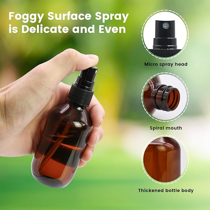 6 Pack 3.4oz Amber Spray Bottles, Small Fine Mist Mister Plastic Travel Bottles, Empty Bottles Set for Essential Oils Hair