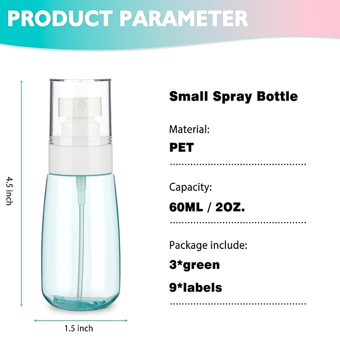 3 Pack 2oz/60ml Small Spray Bottle, Empty Plastic Mini Spray Bottles, Fine Mist Travel Spray Bottle with 9pcs Labels