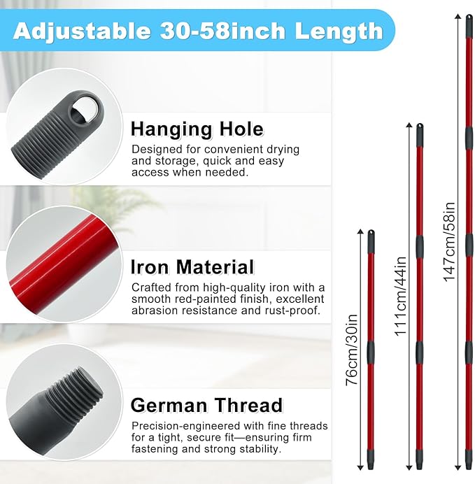 Mop Replacement Pads Compatible with OCedar H2prO Flat Mop System, Mop Handle for Ocedar H2prO Flat Mop, 3 Pack Mop Replacement & 30" to 58" Extendable Length Mop Handle for Ocedar H2prO