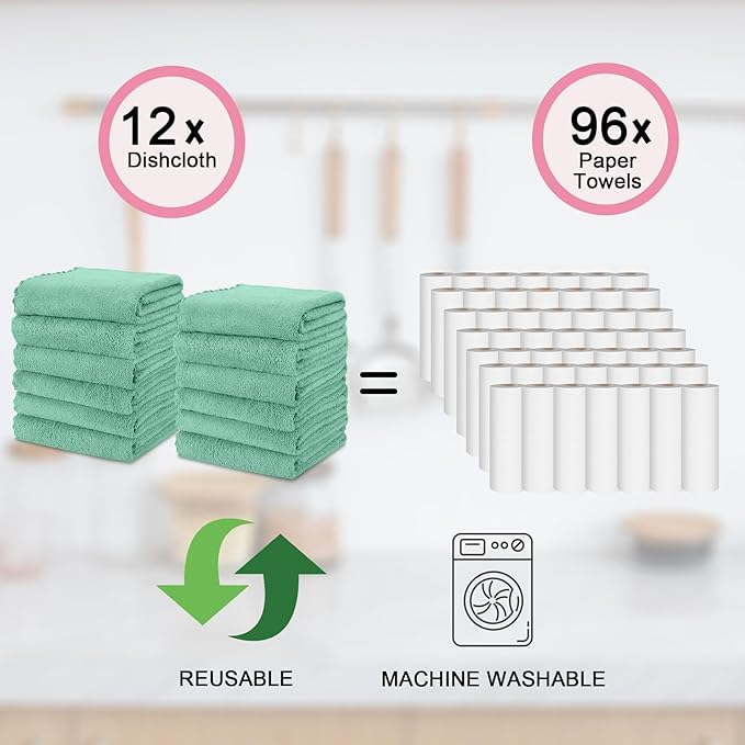 kimteny Kitchen Cloth Dish Towels, 13x28 Inches Premium Dishcloths, Super Absorbent Coral Velvet Microfiber Cleaning Cloths, Fast Drying Rags for Washing Dishes (13x28-12 Pack, Green)