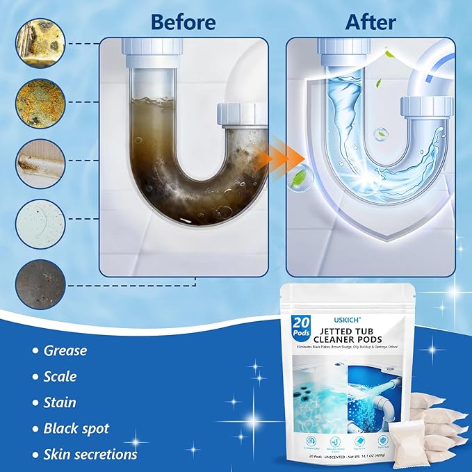 USKICH Jetted Tub Cleaner Bathtub- 20 Pods Jet Bathtub Cleaner,Jetted Tub Cleaning Solution Compatible with Spa Bath & Whirlpool,Septic Safe Bath Jet Scale and Residue Remover-1＋Year Supply