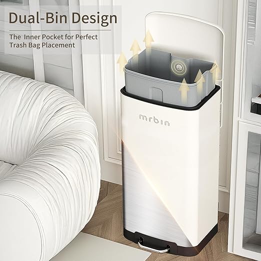 MRBIN Metal Kitchen Trash Can, Commercial Step Office Garbage Bin with Soft Close Lid, 40L / 10.5gal Stainless Steel Foot Pedal Tall Rectangle Waste Basket for Rv, Bathroom Accessories, White