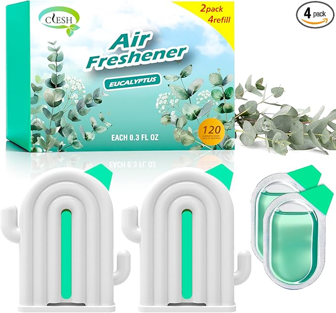 Air Freshener for Home, 2 Pack, 2 Refill, Eucalyptus Scent, Odor Eliminator, Up to 120 Days, Cactus-shaped Freshener for Closet Bathroom, Cute Home Decor, White
