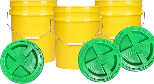 House Naturals 5 Gallon Plastic Yellow Food Grade BPA Free Made in USA Bucket Pail with Air Tight Double Gasket Screw on Lid(Pack of 3) (Yellow and Green lids)